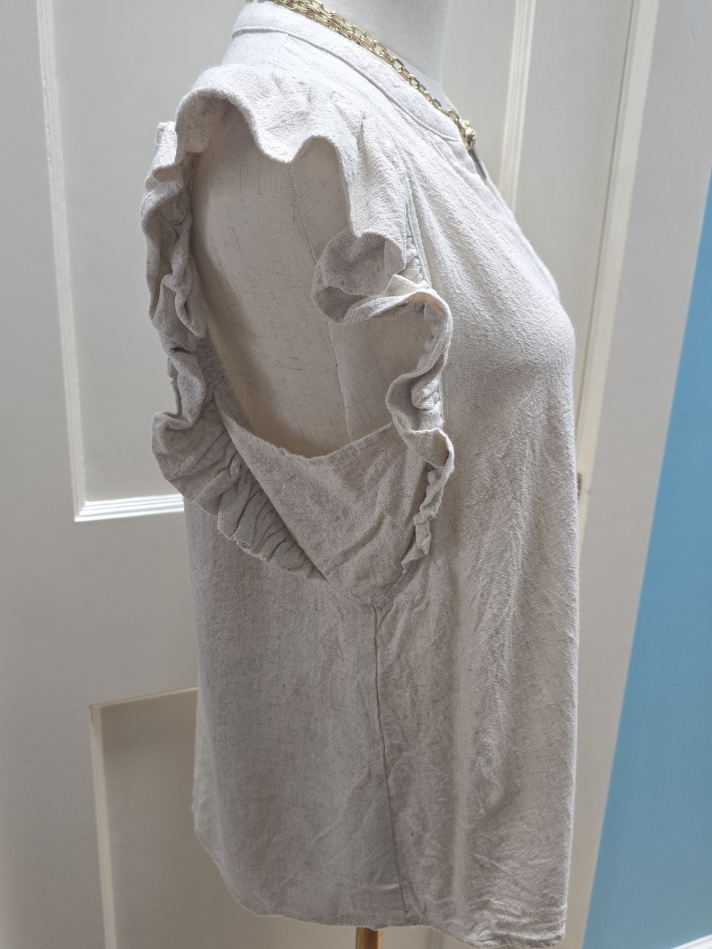 Umgee Linen Cream Button-Front Ruffle Sleeve Top - Picture 3 of 7